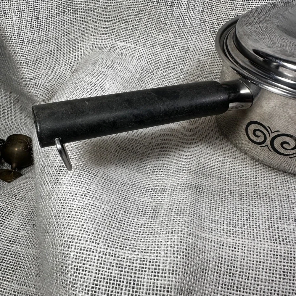 Vintage EKCO 1.5 Qt Saucepan with Lid Black Scroll Stainless Steel MCM Retro